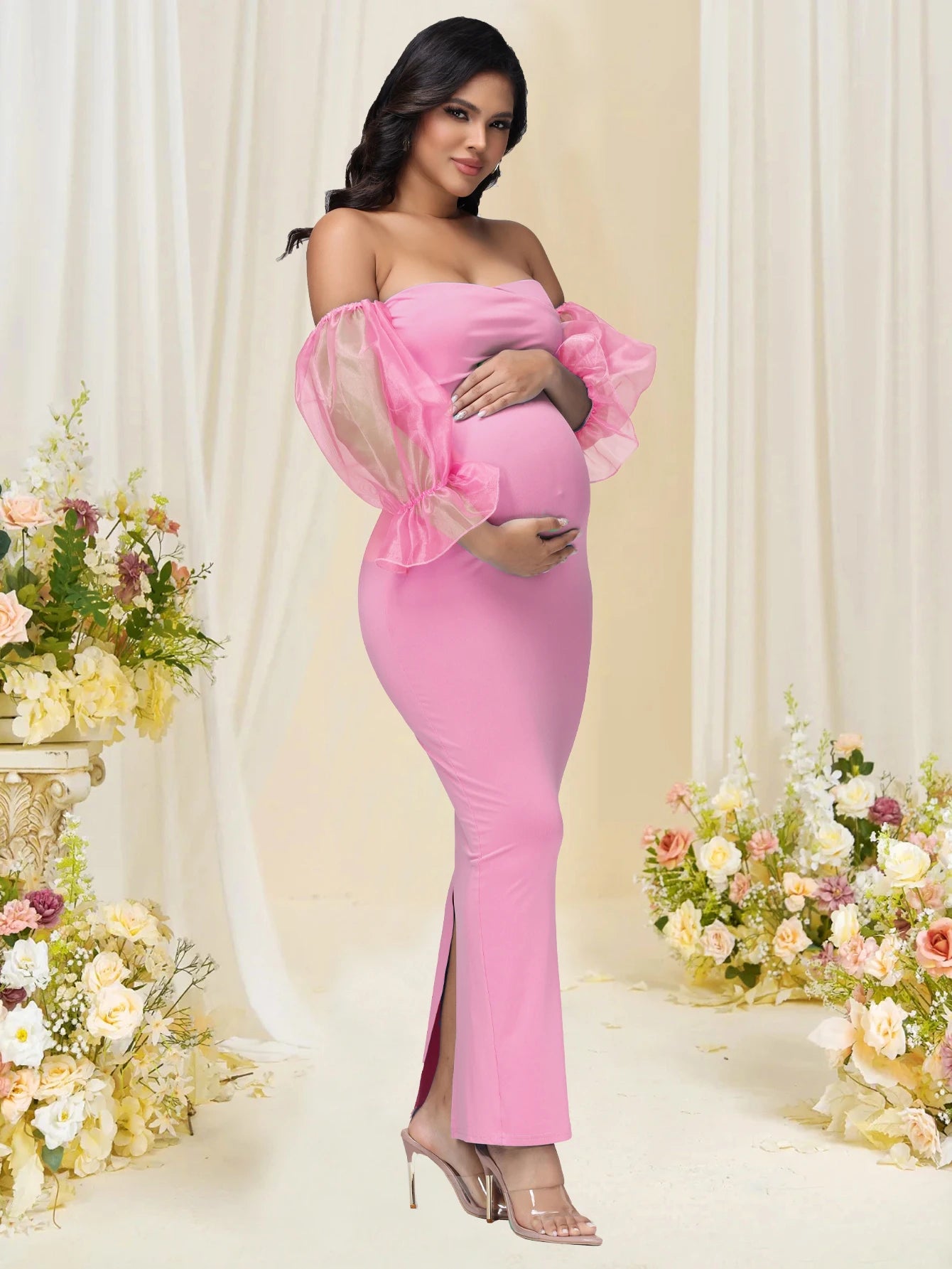 Elegant Maternity Lantern Sleeves Off Shoulder Photography Dress Slim Fit Gown For Baby Shower Photoshoot Model P123