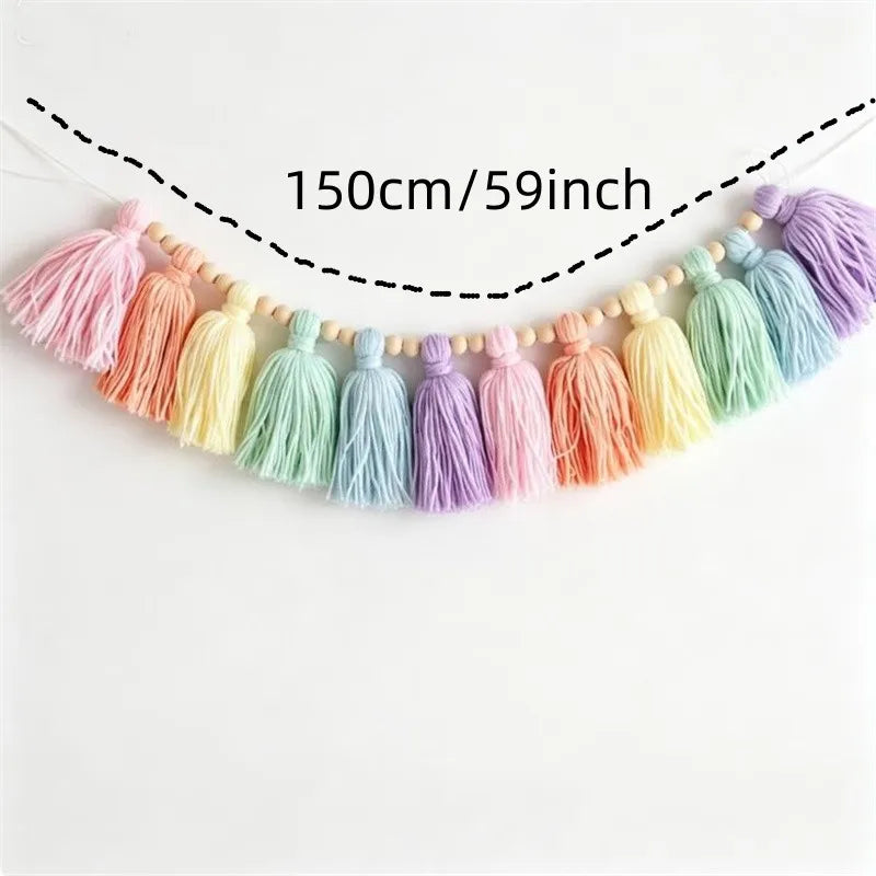 Colorful Rainbow Tassel Garland Wall Decor Banner Handmade With Wooden Beads For Home Party