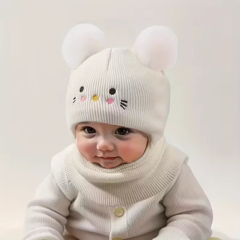 0-3Y Kids Balaclava Toddler Beanie Double Balls Baby Cat Stretchy New Born Girls Boys Beanies Winter Hats for Cold Weather Gear