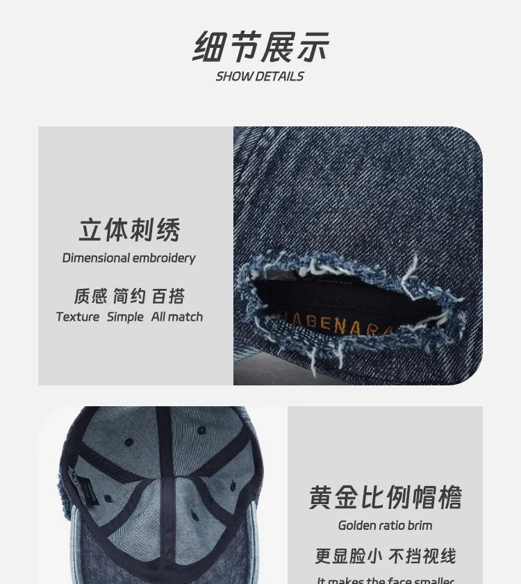 Cross-border Washed Distressed Embroidered Denim Baseball Cap Solid Color Outdoor Travel Sun Protection Visor Cap