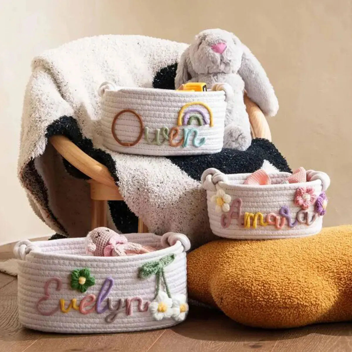 Personalized Cotton Rope Storage Basket with Letter – Handmade Gift & Easter Basket