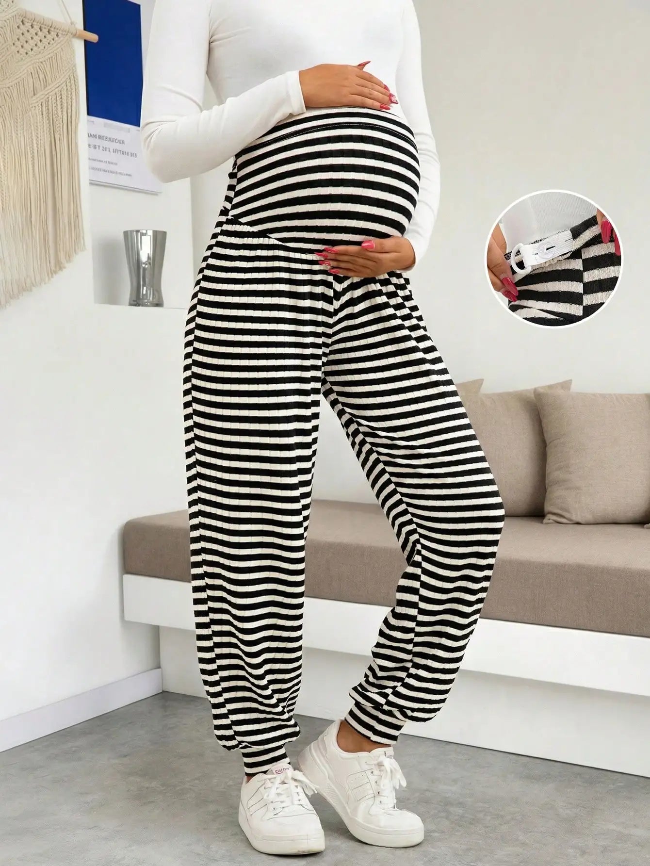 Maternity Women's Dress Leggings for Work and Under Dresses Striped Adjustable Waist Casual Jogger Leggings