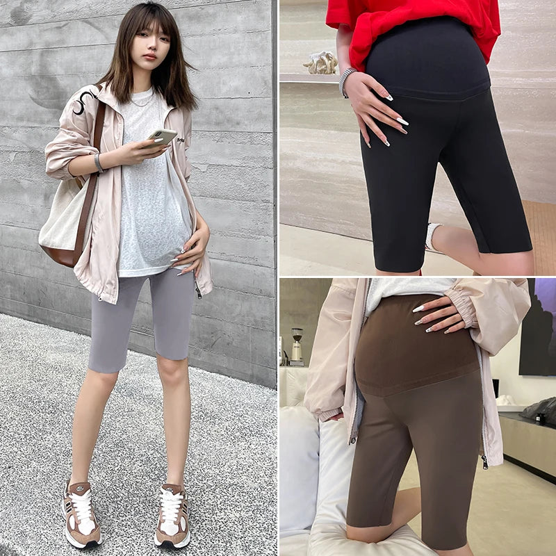 Pregnant Woman Legging Maternity Yoga Pants Summer Sharkskin Fabric Women Thin Black Slim Skinny Sport High Waist Fitness Shorts