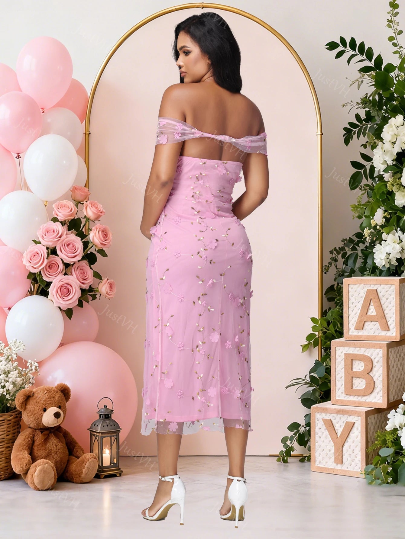 Maternity Off Shoulder Twist Floral Mesh Midi Dress Elegant Wedding Party Pregnant Women Gown for Baby Shower Photoshoot