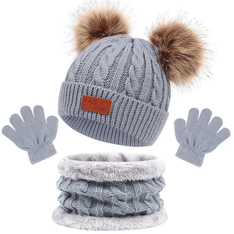 Winter Children Scarf And Hat Three Piece Set With Pom Pom Baby Infant Knitted Hat Warm Wool Thickened