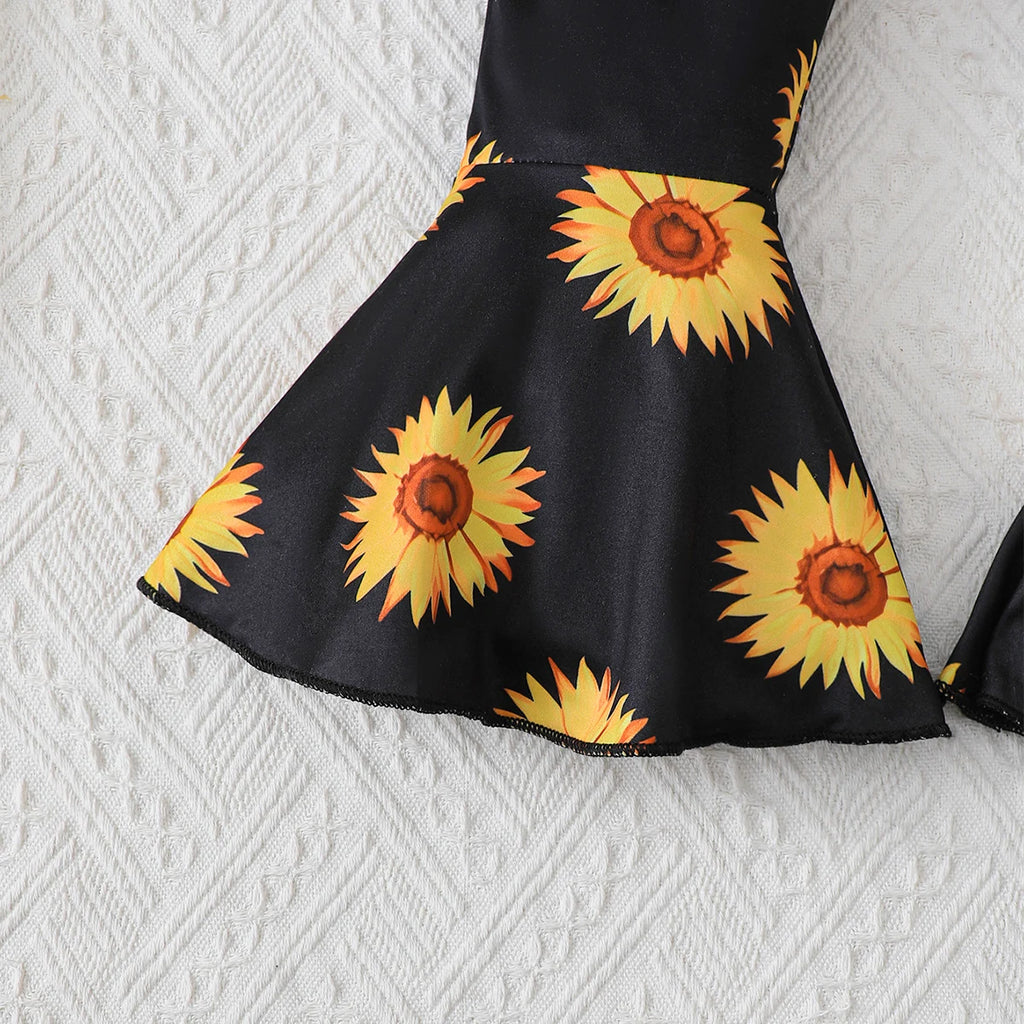 Children's clothing Girl Set Sunflower Print Top+Flared Long sleeved Two-piece Set for 4-7 Year old girls in Spring Autumn Set