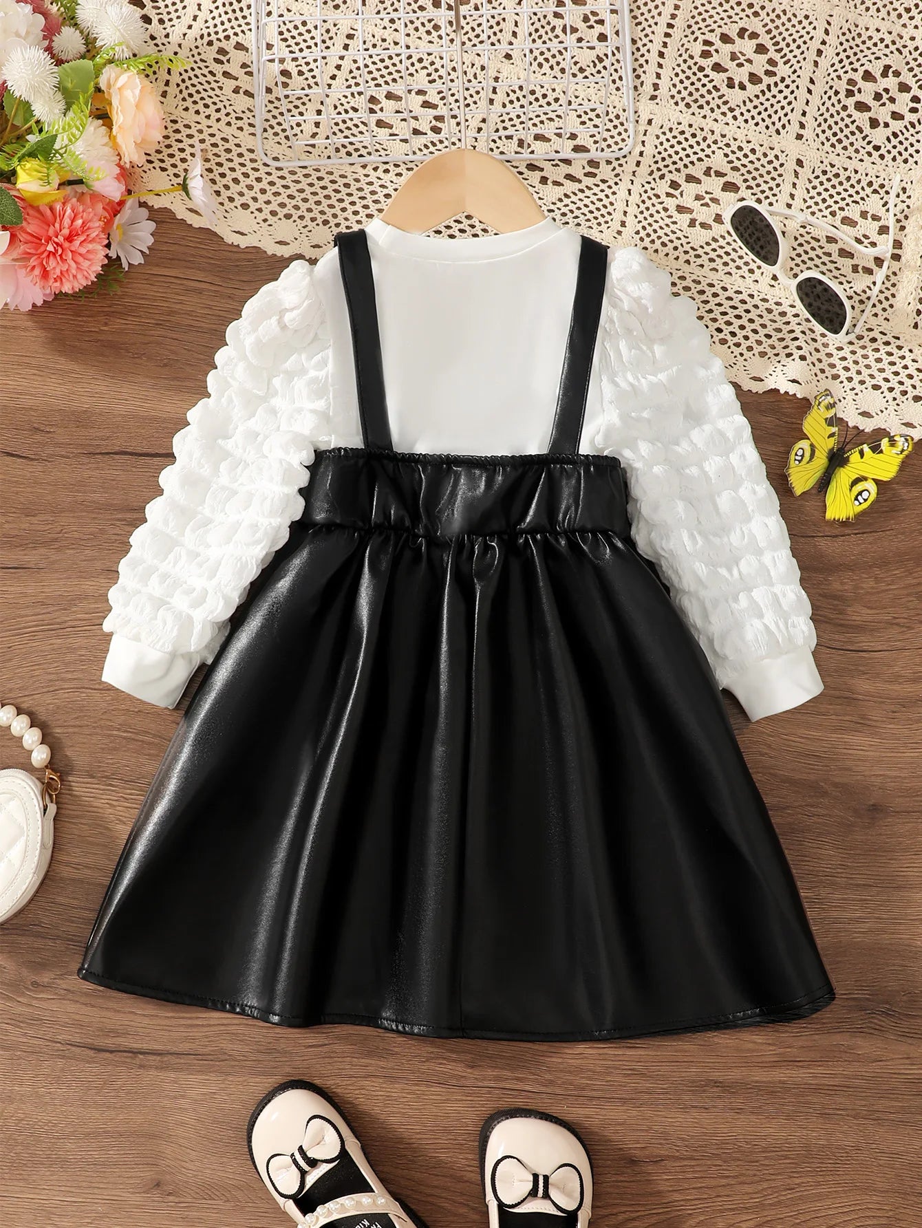 2pcs Children Girl Round Neck White Top+Black Strap Leather Skirt Set fit 4-7 Year Old Girls' Party Fashion Clothing