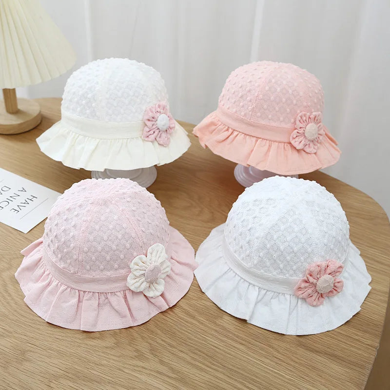 Lace Ruffle Baby Bucket Hats Flower Princess Girl Sunscreen Fisherman Cap Summer Thin Cotton Newborn UV Protection Sun Hat 3-18M