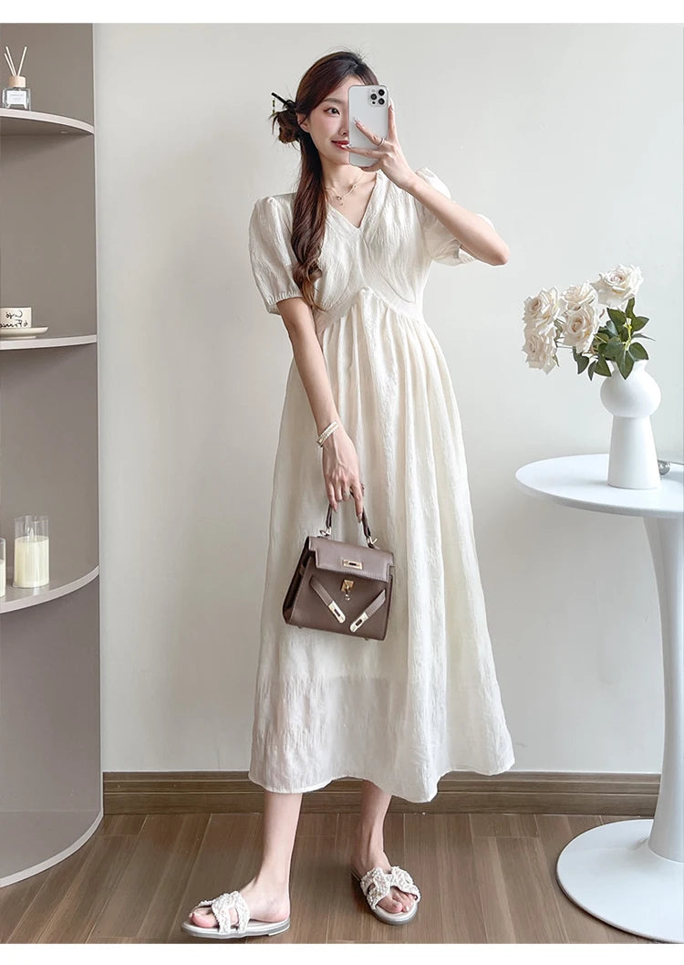 French Style Summer Maternity Pleated Dress High Waist V-neck Short Sleeve Pregnant Woman Elegant Dress Pregnancy Clothes Loose
