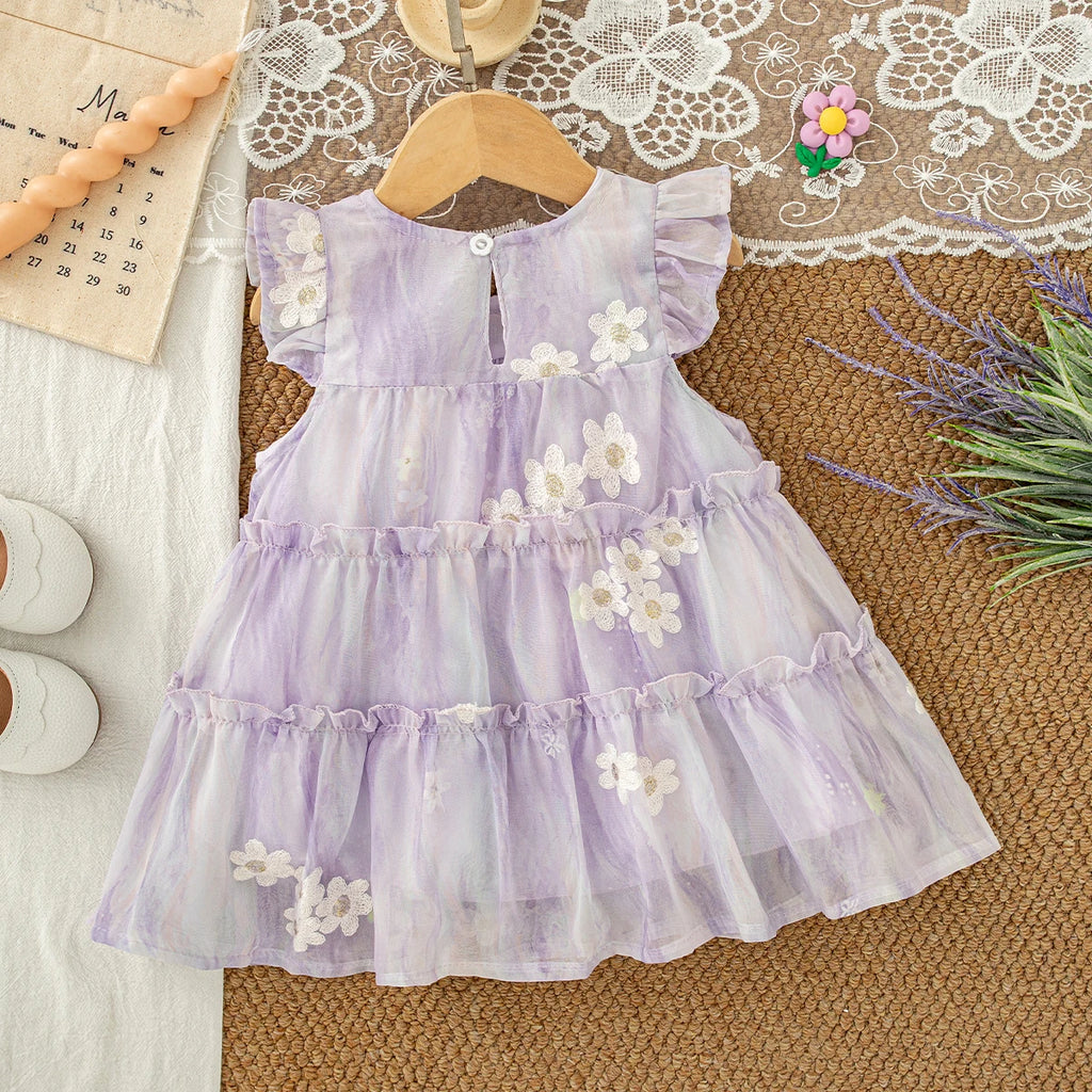 Baby Clothes for Girl Summer Fashion Floral Purple Birthday Party Baby Girl Fairy Dress Korean Style Sweet Toddler Tulle Dress