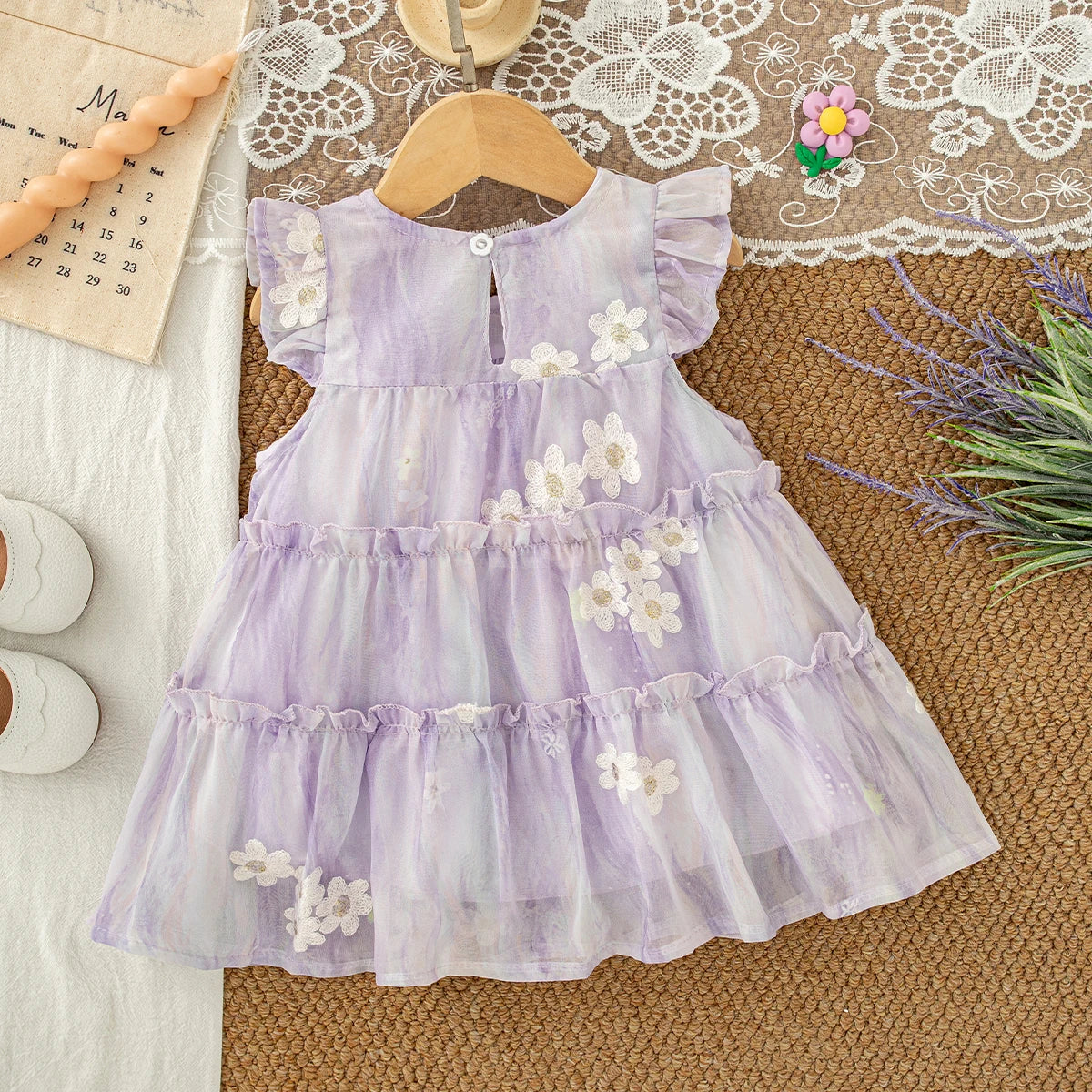 Baby Clothes for Girl Summer Fashion Floral Purple Birthday Party Baby Girl Fairy Dress Korean Style Sweet Toddler Tulle Dress