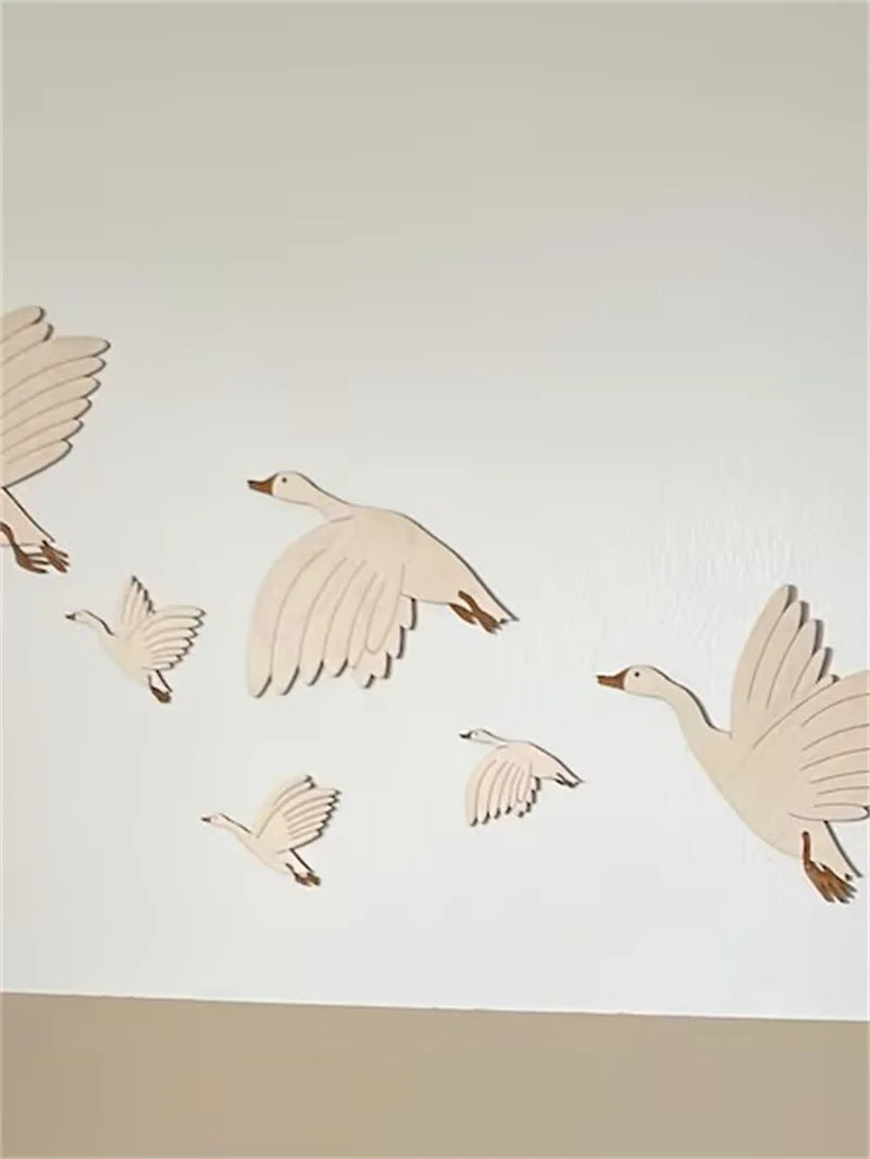 6Pcs/Set Ins Scandinavian Style Wooden Group of Flying Goose Mural Niche Can Be Pasted into the Wall to Cover up Ugliness with Retro Inspiration Wooden Goose Home Background Wall Decoration Nursery Wall Decoration Natural Sty