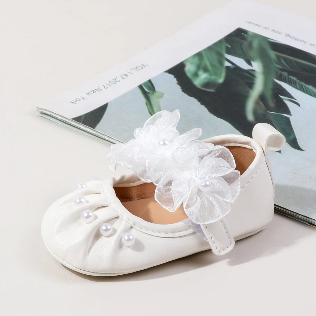 Charming Baby Girls' Pearl Decor Mesh Flower Soft Sole Flats