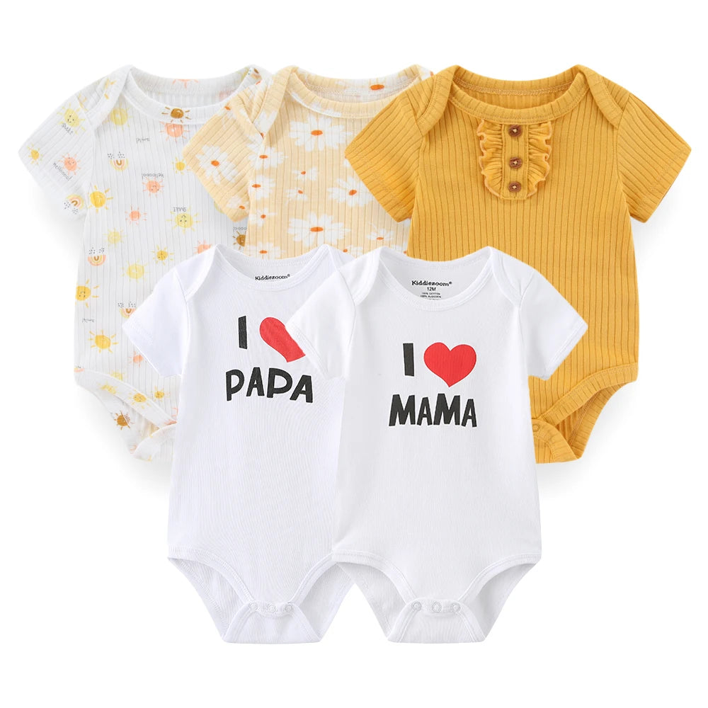I Love Papa Mama Cartoon Baby Bodysuits 5-Pack Unisex Short Sleeve Onesies 0-12 Months