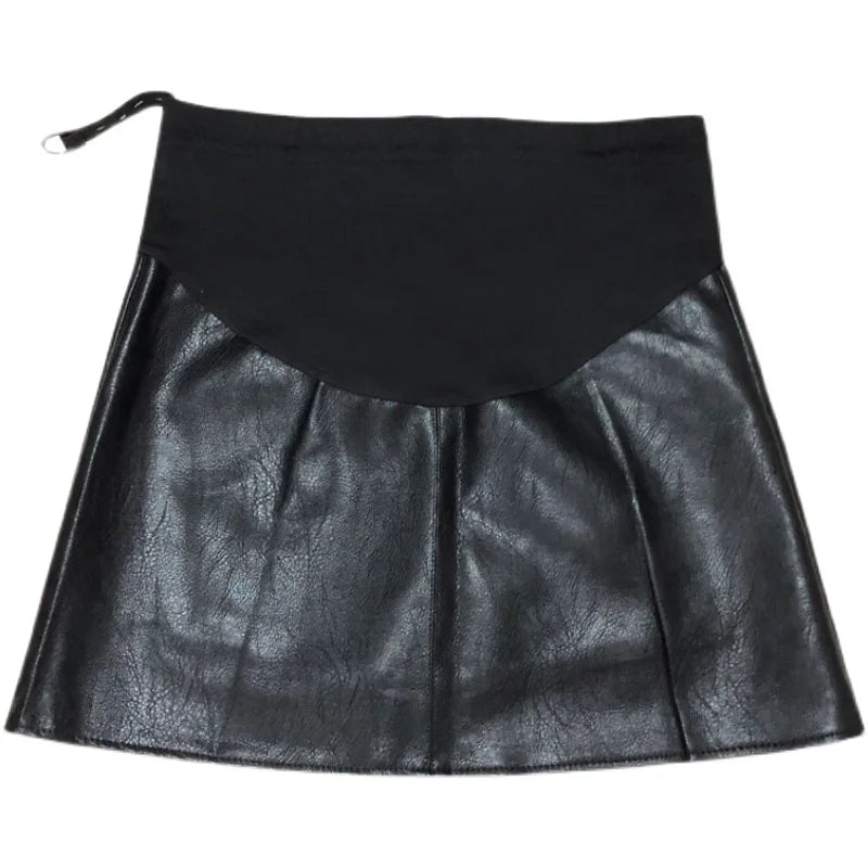 Pretty Maternity Autumn Skirts Vintage High Waist Pregnant Woman Slim Belly Skirts Elegant Pregnancy A-line Pu Leather Skirt