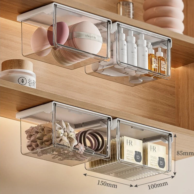 Transparent Drawer Storage Box Pull-Out Under Mirror Cabinet Oragnizer Case Bathroom Makeup Cotton Stick Makeup Holder Organizer