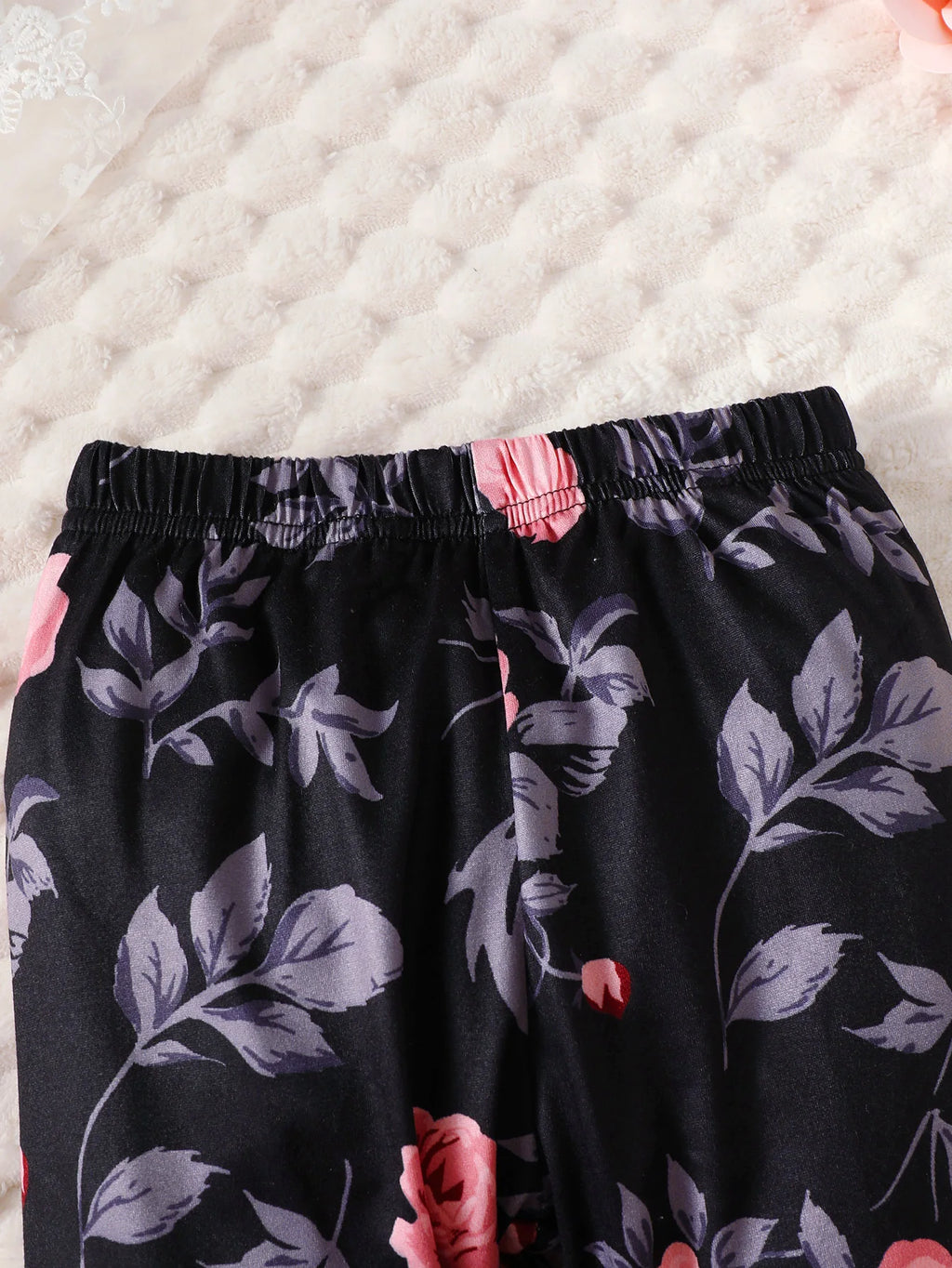 Baby Girl's Pink Pullover Top And Slim Fit Floral Pants Set Casual Spring Autumn Fashion Two-Piece Outfit with Letter Print