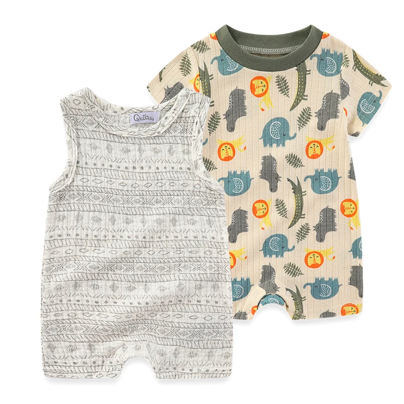 2-Pieces Cartoon Baby Boys Girls Bodysuits Newborn Onesies Summer Sleeveless Infant Clothes