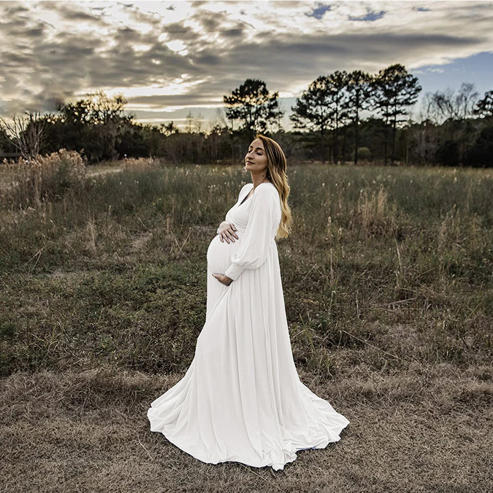 Maternity Photography Dresses Baby Shower Maxi Gown Lantern Sleeve V Neck Pregnancy Wrap Side Split Robe