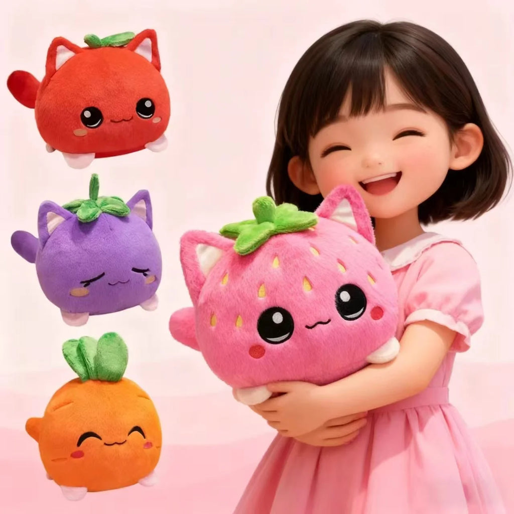 Cartoon Strawberry Fruit Cat Plush Toy Cute Pink Cat Strawberry Stuffed Animal Doll Soft Cuddly Plushie Birthday Christmas Gifts