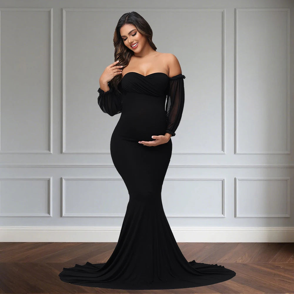 Maternity Dress Off-Shoulder Mesh Puff Sleeve Slim Pregnancy Women's Photography Maxi Gowns For Baby Shower Photoshoot