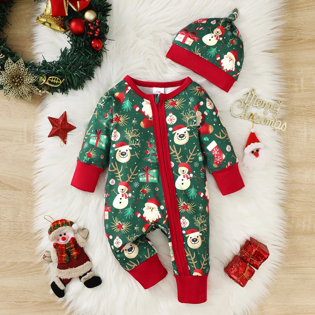 Baby girl Christmas Bodysuit Christmas elements zipper Long sleeved Bodysuit+Hat fit 0-18 Months Baby's New Year's Clothing