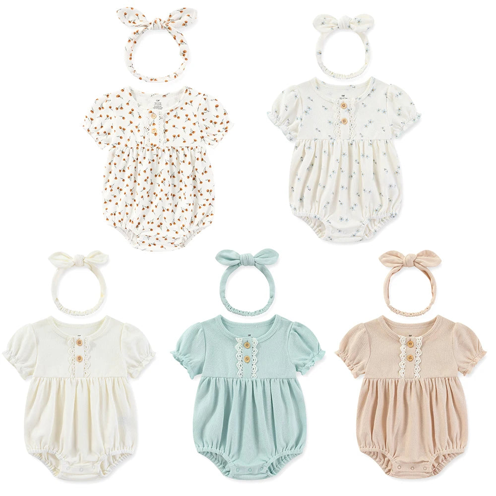 4-Pack Cute Baby Clothing Set Newborn Short&Long Sleeve Bodysuits+Headdress 6-24 Months Infant Clothes Bebe Headband Hat