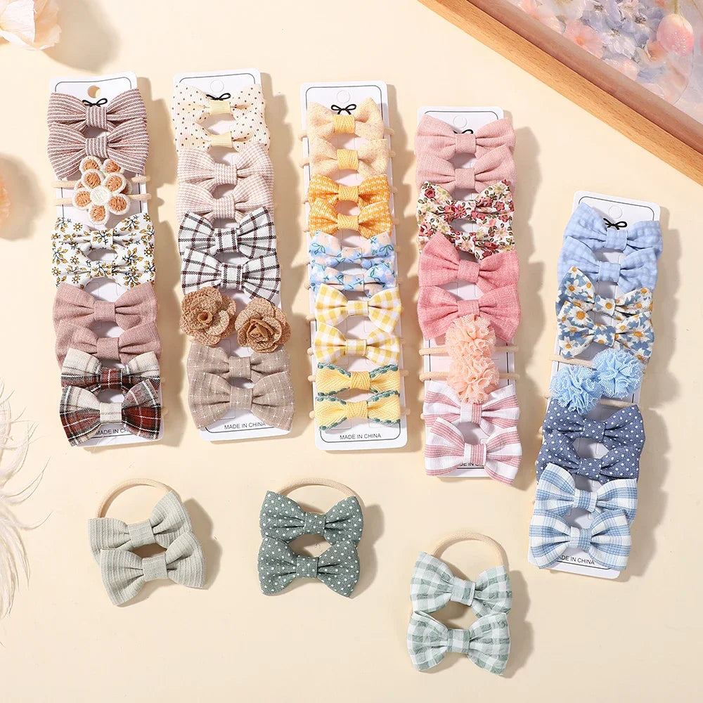 10Pcs Girls Fresh Bowknot Head Rope Sweet Printing Double Ponytail Hair Ties Bands Head Scrunchies Without Cardboard