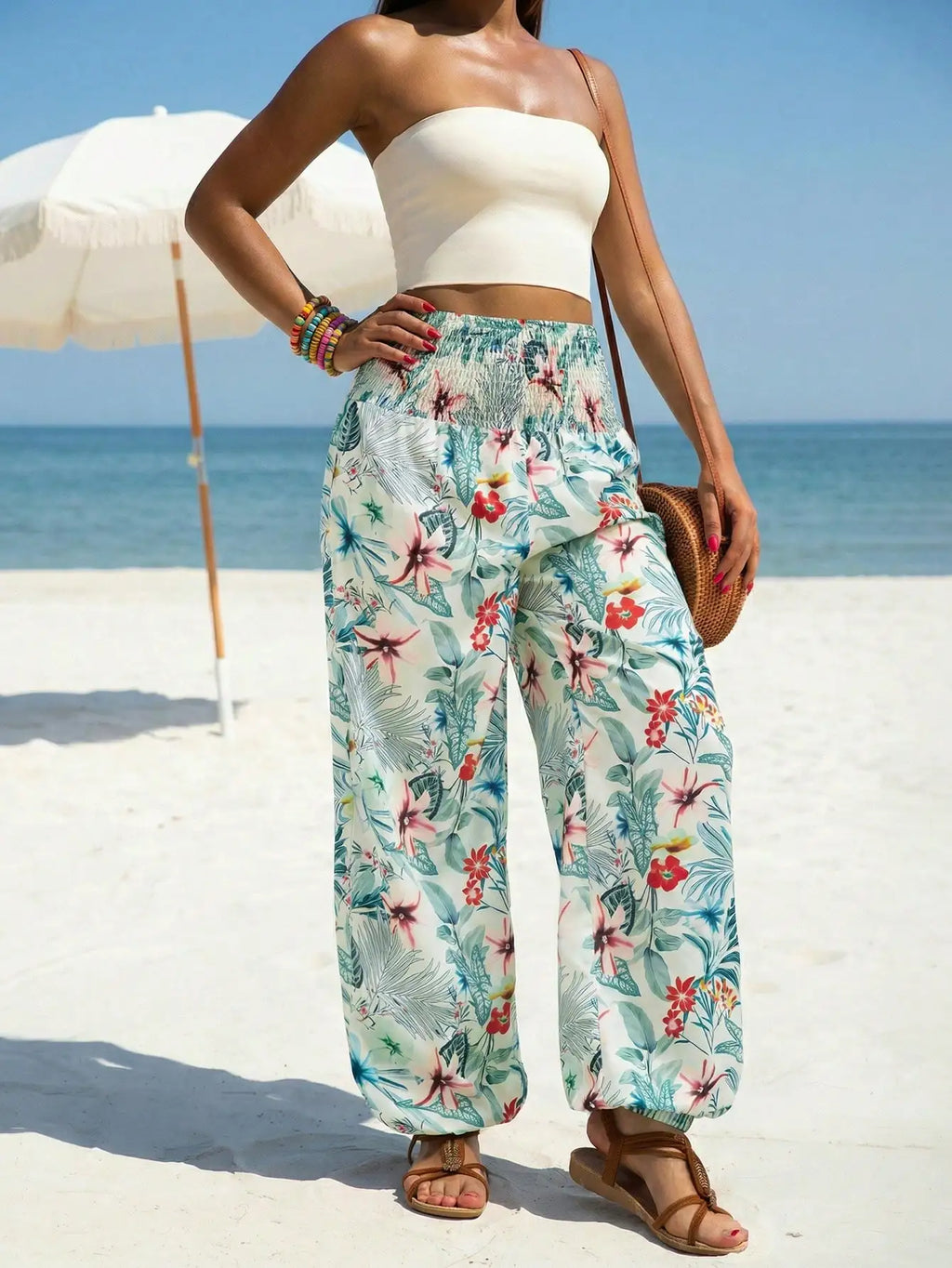 Women's Smocked High Waist Wide Leg Loose Drawstring Floral Tropical Summer Dress Capris for Casual Beach and Business Wear