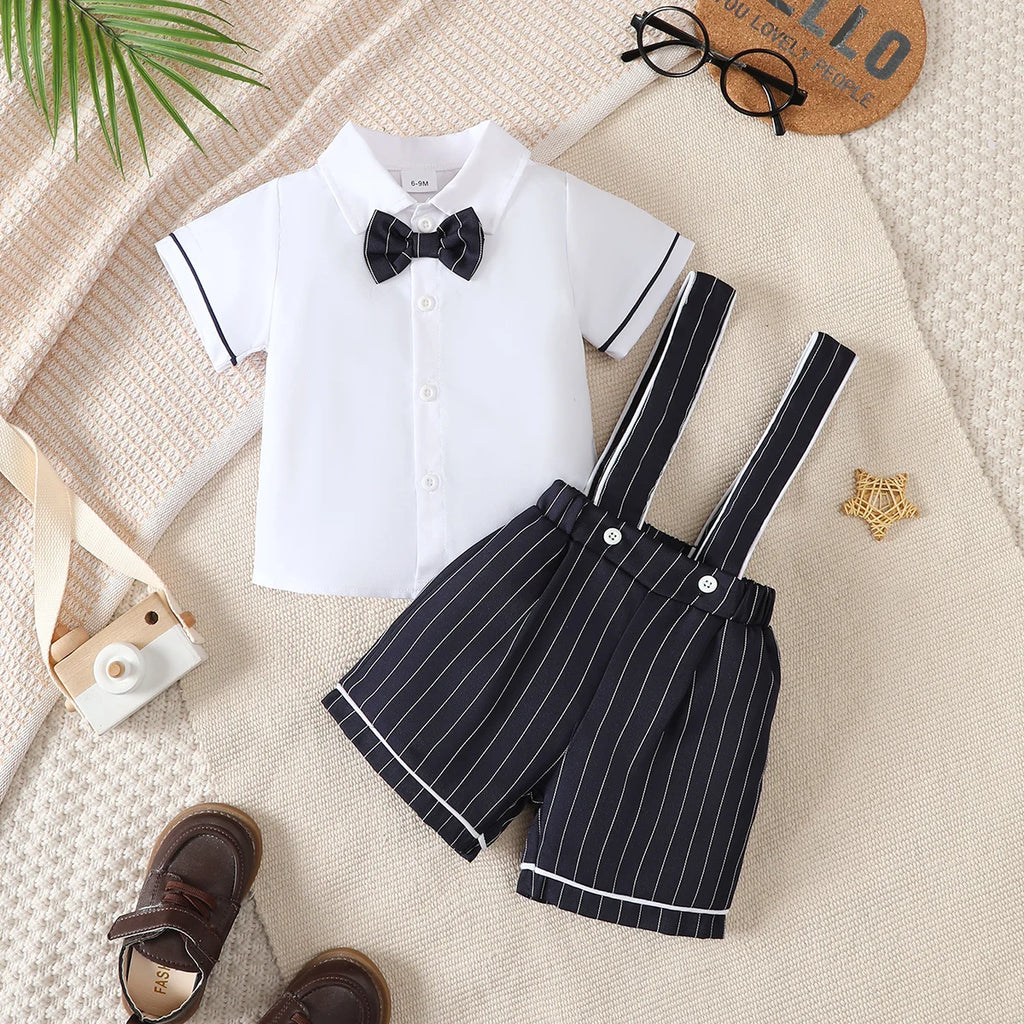 Baby Boys' Little Gentleman Set Lapel Collar Shirt and Striped Strap Pants 2Pcs/Set for 0-3 Year Old Baby Boys' Party Clothing