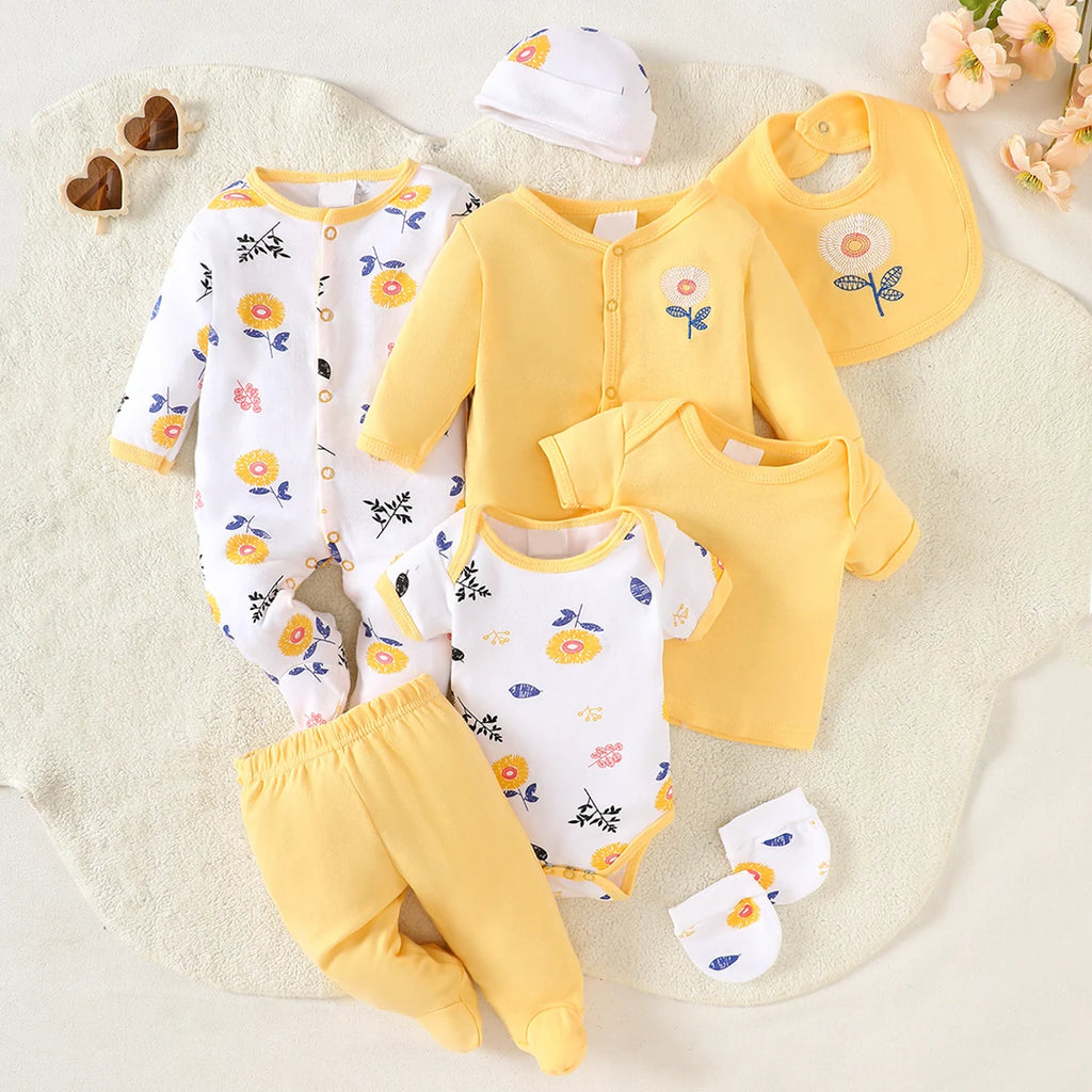 8-Piece Newborn Baby Romper Set, Made of 100% Pure Cotton, Soft and Breathable. Features a Yellow Floral Pattern, Suitable for N