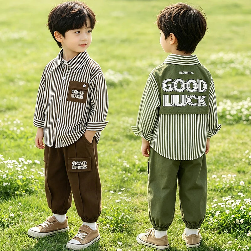New Spring Autumn Boys Clothing Sets Long Sleeve Striped Letter Label Shirt + Pants 2Pcs Suit For 2-8 Years Kids Casual Outfits