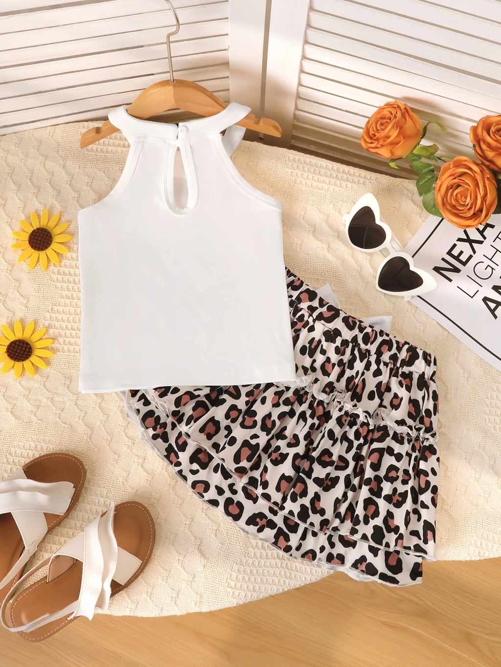 2Pcs Girls' Set sleeveless Leopard Print Heart Print Top +Bow Leopard Print skirt set 4-7 Year old Girls' Summer Fashion Set