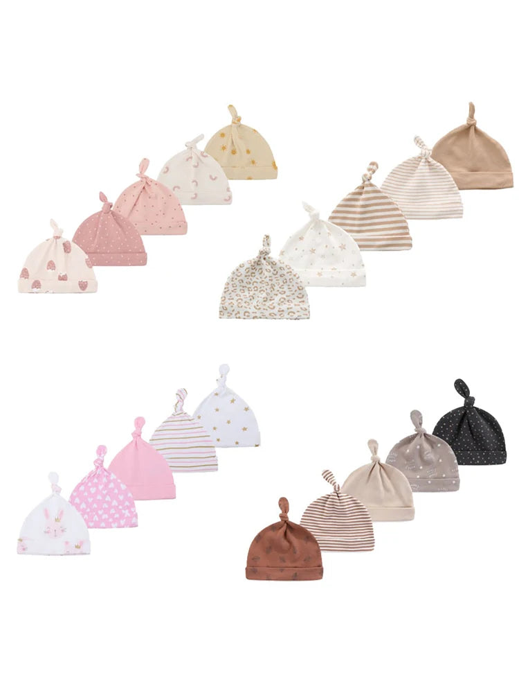 Kiddiezoom 5Pcs/Lot Cartoon Unisex Newborn Boy Girls Hats Cotton Soft Elastic Infant Bonnet Caps Accessories