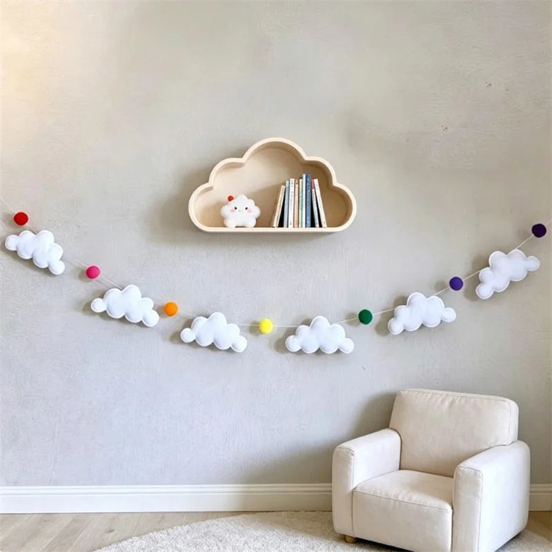 Nordic Felt Cloud and Pompom Garlands String Wall Hanging Decor Kids Room Bed Curtain Hanging Ornaments Party Banner Photo Props