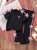 Girls' Summer Casual Outfit: Sweet and Cool Ballet-Style Black Short-Sleeve T-Shirt + Flared Pants Two-Piece Set with Playful Pink Bow, Suitable for Girls Aged 4-12, Versatile Clothing