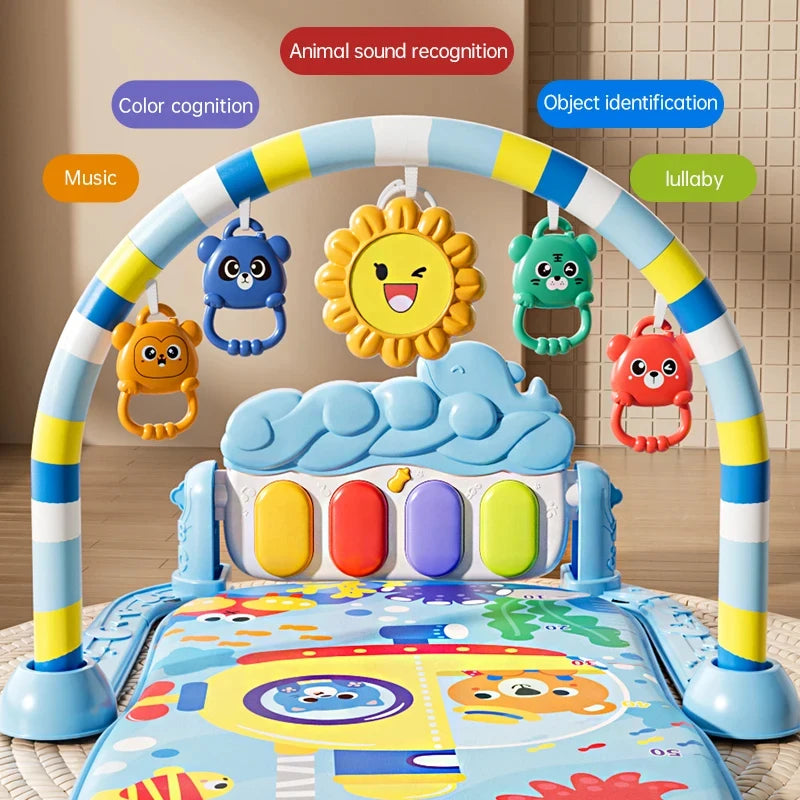 Baby Activity Play Mat with Music & Lights, 5 Detachable Sensory Toys Kick Piano Mat, Tummy Time Game Playmat