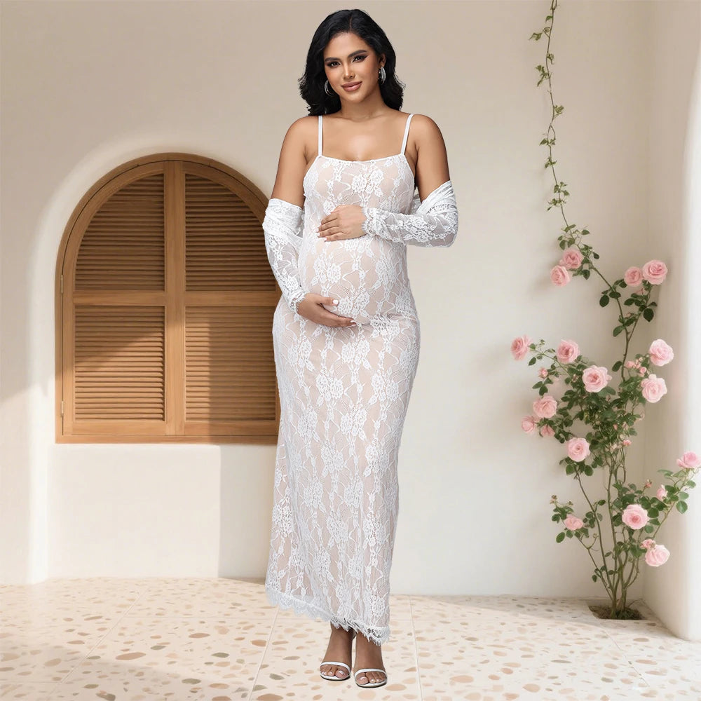 2026 Women's Maternity Long Sleeve Top & Spaghetti Strap Dress 2Pcs Photography Outfits Floral Lace Gown for Baby Shower Party
