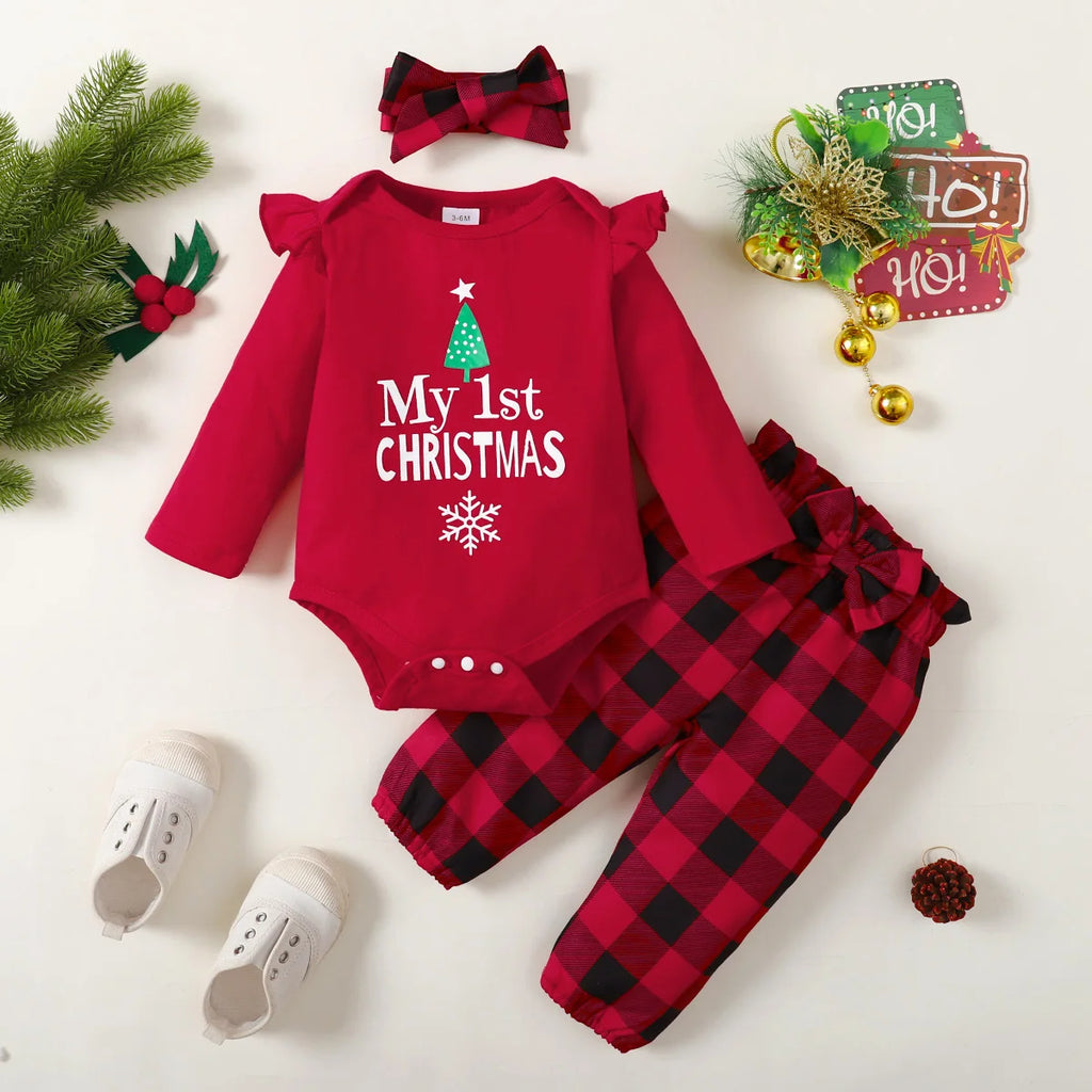 3Pcs Christmas Set Letter Printed Long sleeved Bodysuit Bow Checkered Pants+Headband Suitable 0-18 Months Baby Girl Holiday Set