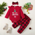 3Pcs Christmas Set Letter Printed Long sleeved Bodysuit Bow Checkered Pants+Headband Suitable 0-18 Months Baby Girl Holiday Set