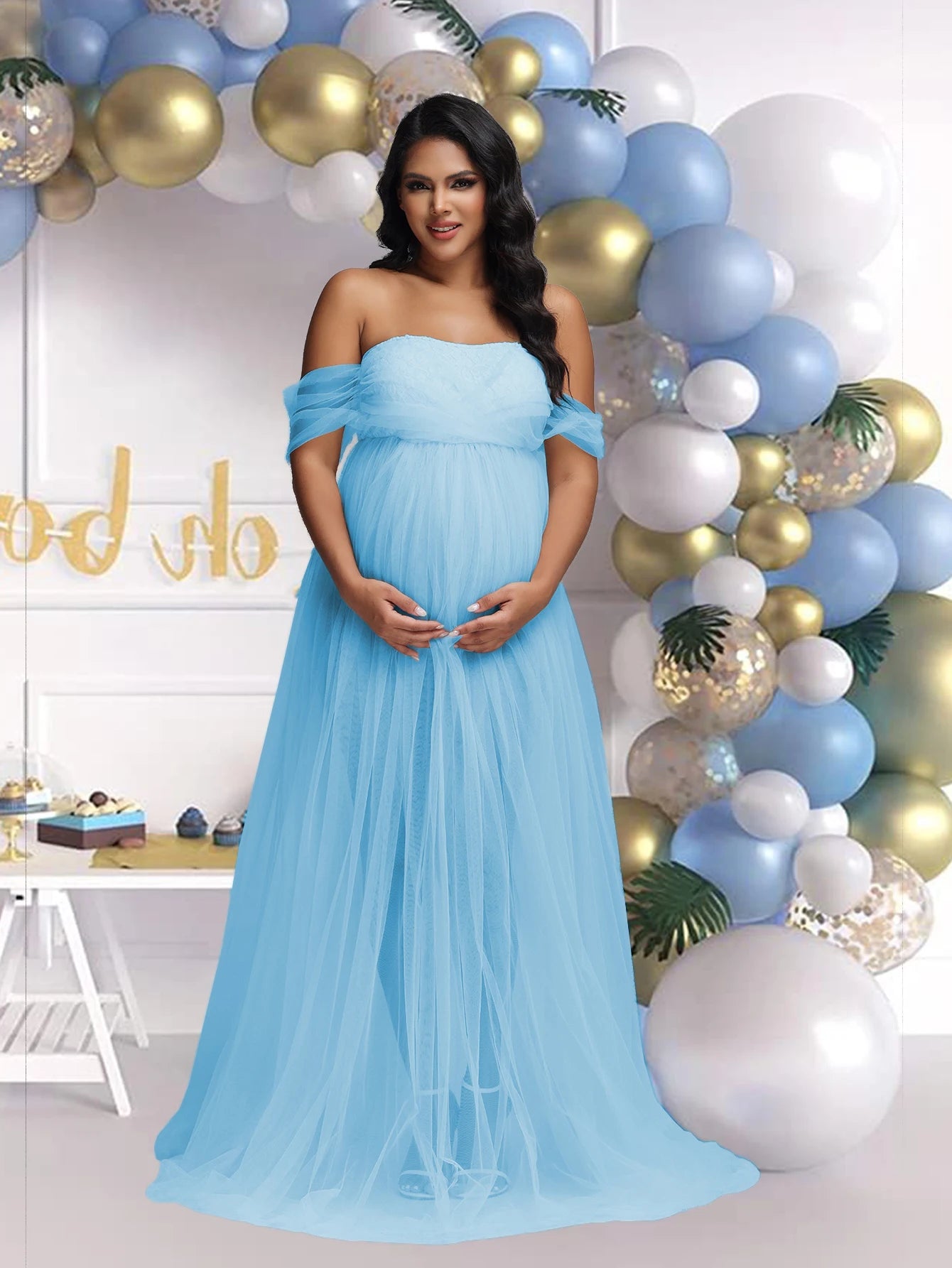 Maternity Lace Mesh Maxi Dress Model ML01 Strapless Baby Shower Photo Shoot Gown