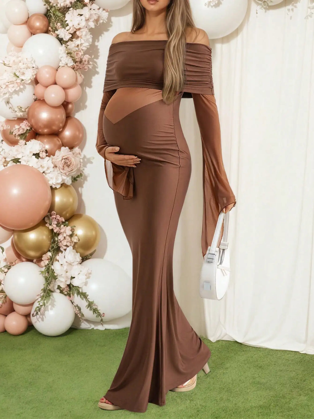 Maternity Women's Off Shoulder Formal Maxi Dress with Sheer Mesh Panel, Long Flare Sleeve Mermaid Gown for Baby Shower