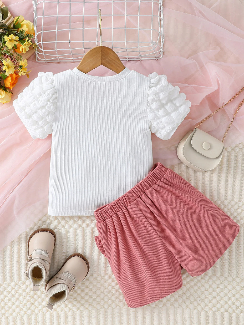 Children Girls Puff Sleeve With Heart Top& Solid With Bow Short Pants For 1-6Y Sets Clothes Kids Fashion Summer Suit