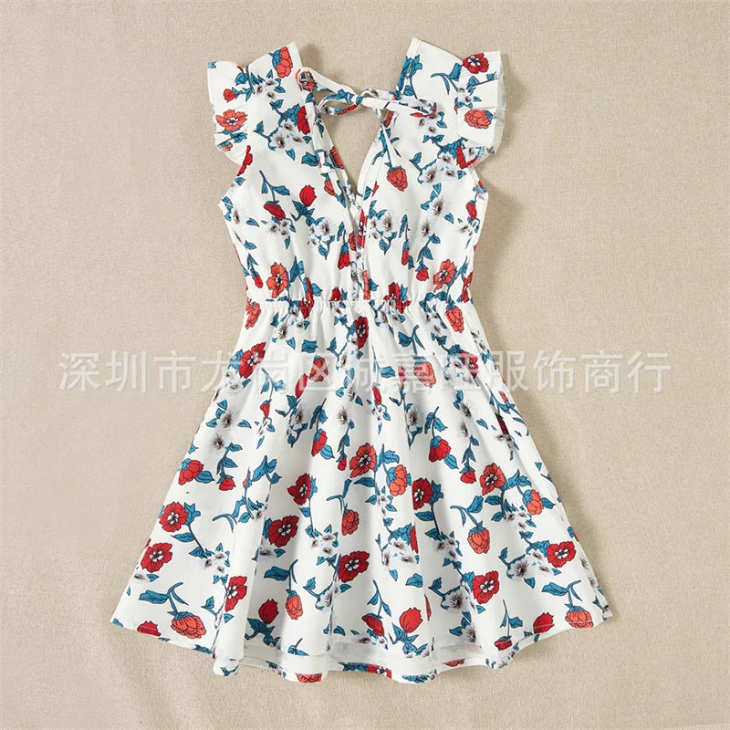 Parent-child Backless Dress Mummy Daughter Summer Floral Vestidos New Children Printed V-neck Gown Family Short Sleeve Clothing