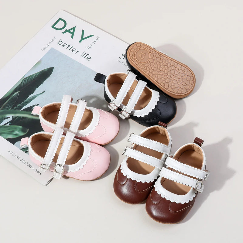 0-18 Months Infant Pre-walker Shoes, Scalloped Lace Trim Dual Buckle Strap Soft Non-slip Rubber Sole Indoor Baby Mary Jane Shoes