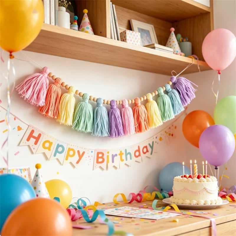 Colorful Rainbow Tassel Garland Wall Decor Banner Handmade With Wooden Beads For Home Party