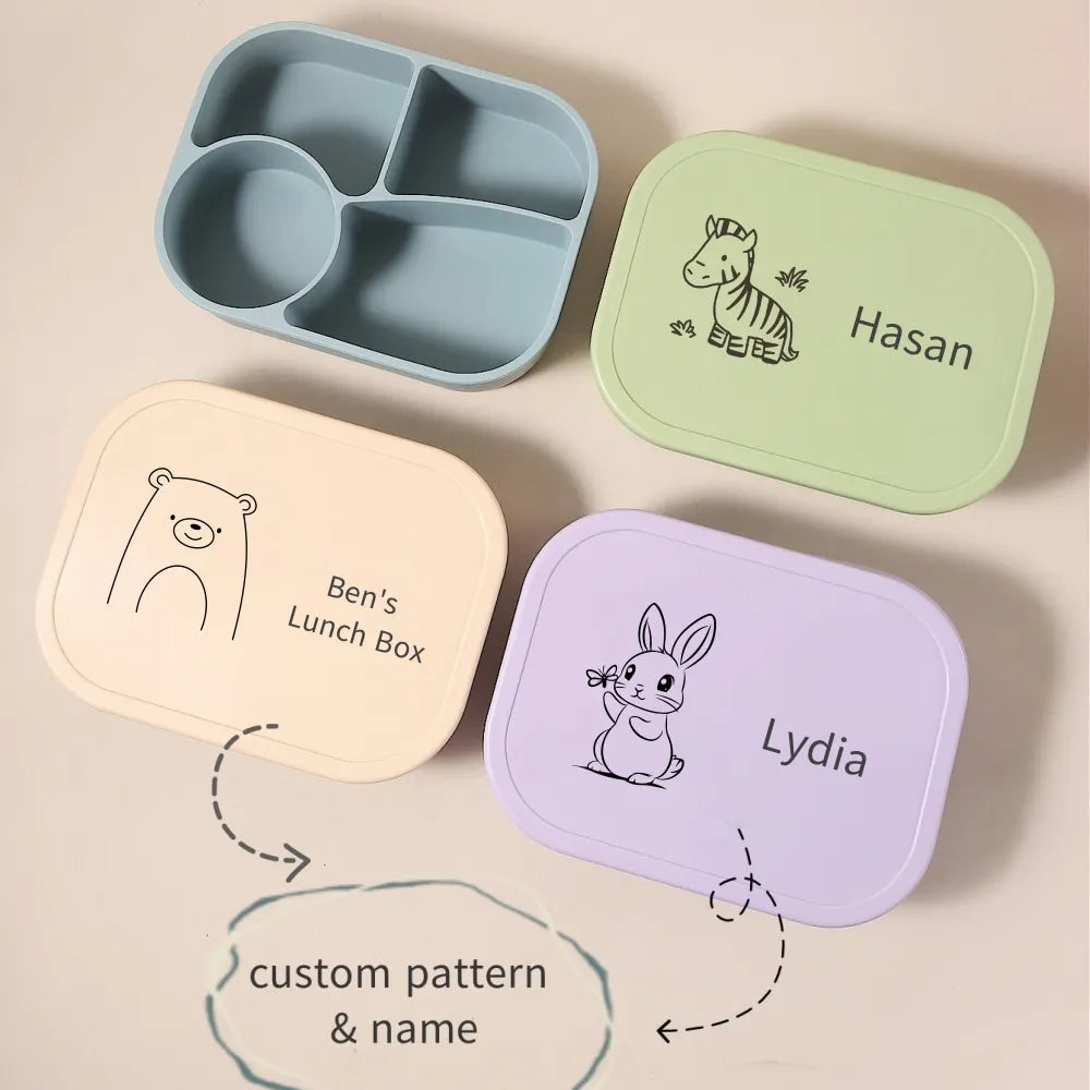 Personalized 340ml Silicone Bento Lunch Box with Name – 4 Compartment Kids Lunch Box
