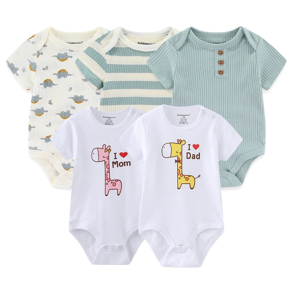 I Love Papa Mama Cartoon Baby Bodysuits 5-Pack Unisex Short Sleeve Onesies 0-12 Months