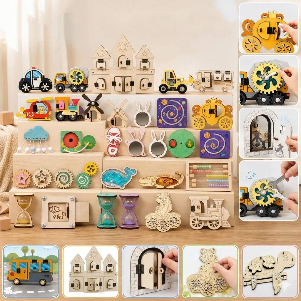 Montessori Wooden Busy Board Do It Yourself Accessories Castle Train Parts Sensory Educational Toy for Toddlers