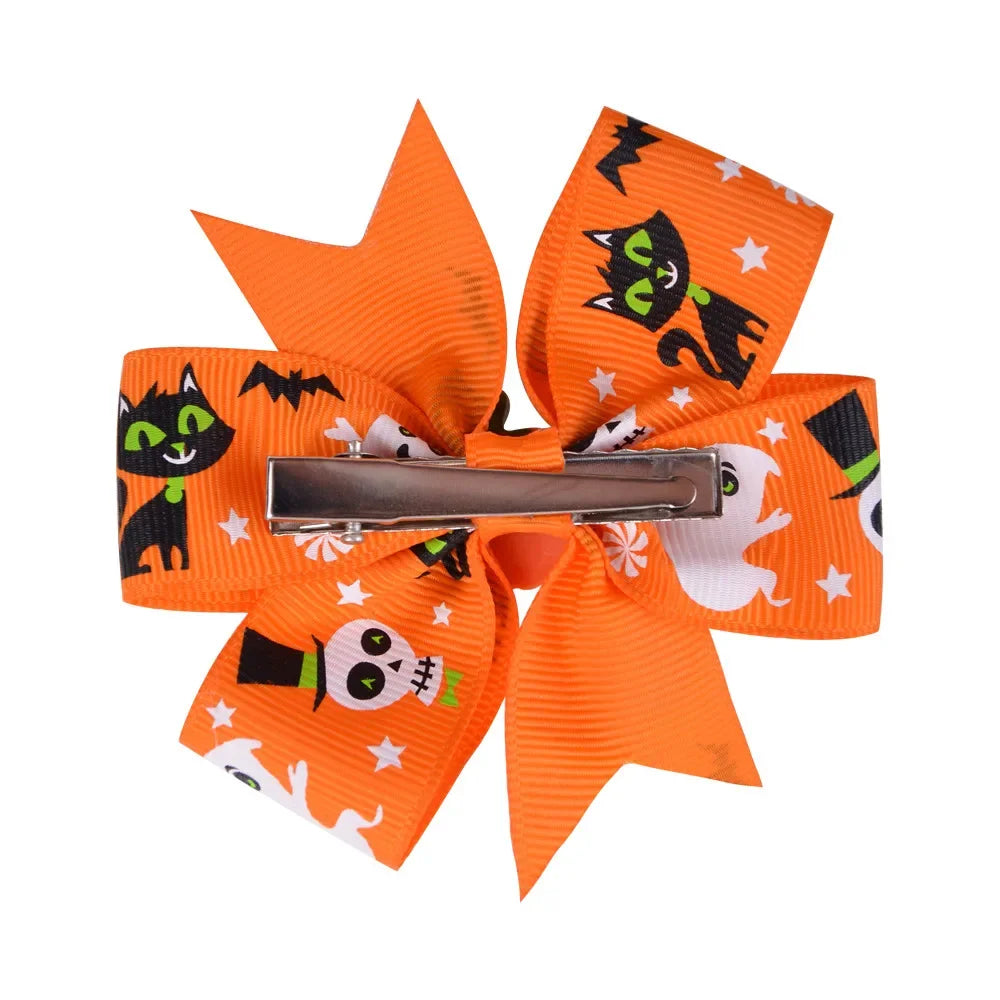 2Pcs/Set Halloween Hair Accessories for Kids Girls - Ribbon Bow Hairpin Ghost Pumpkin Bat Hair Clips for Party Decoration